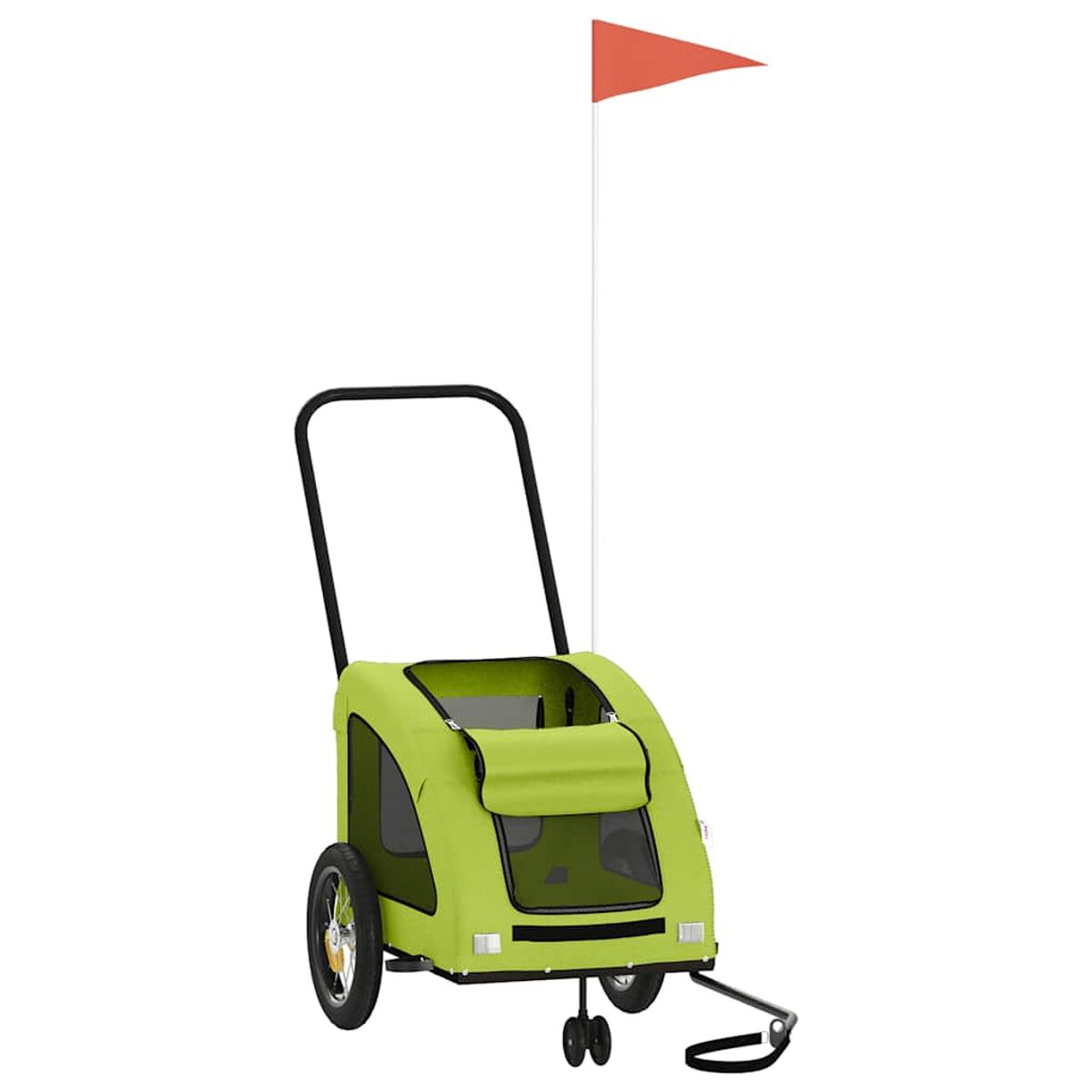 Ein hellgrüner Kinderwagen mit einem roten Fähnchen auf einem weißen Mast.