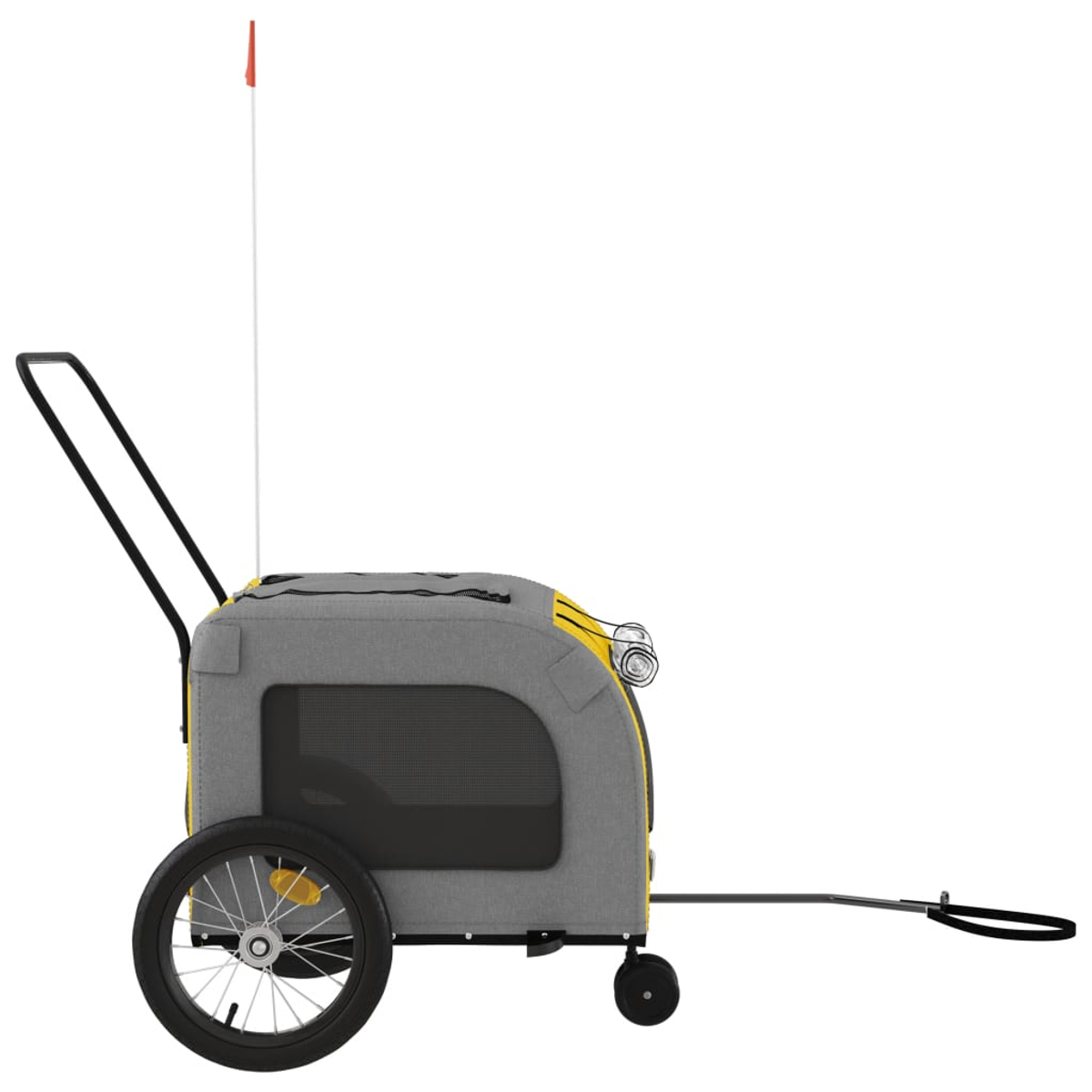 Grauer Hundewagen mit gelben Akzenten, Rädern und Fahne.