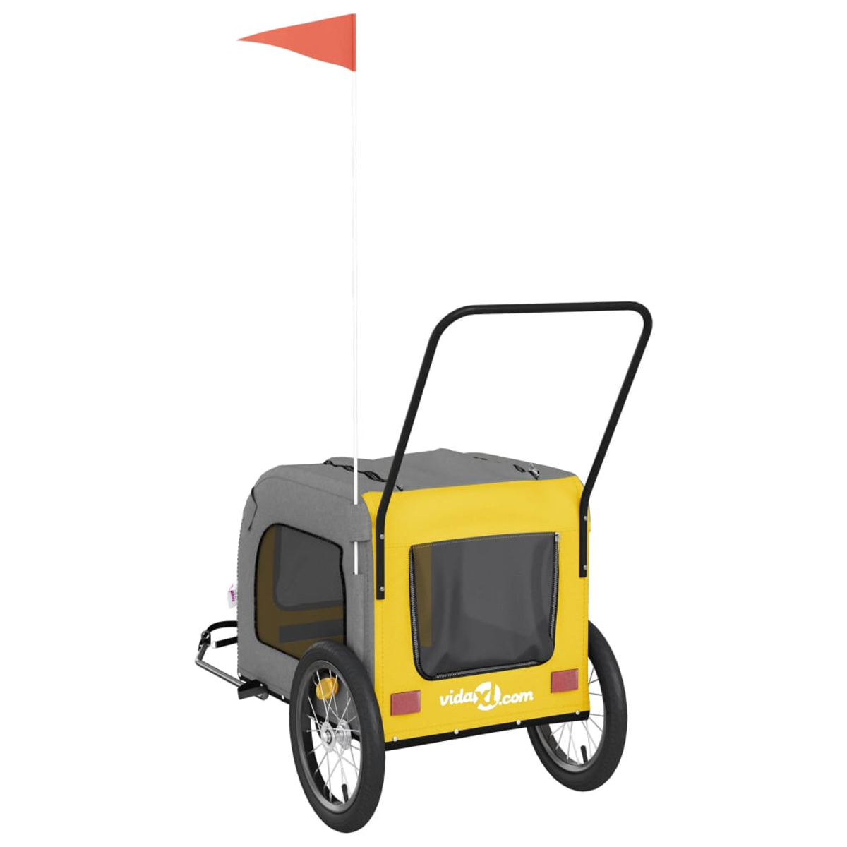 Ein gelber und grauer Hundeanhänger mit schwarzem Griff und orangefarbener Flagge.