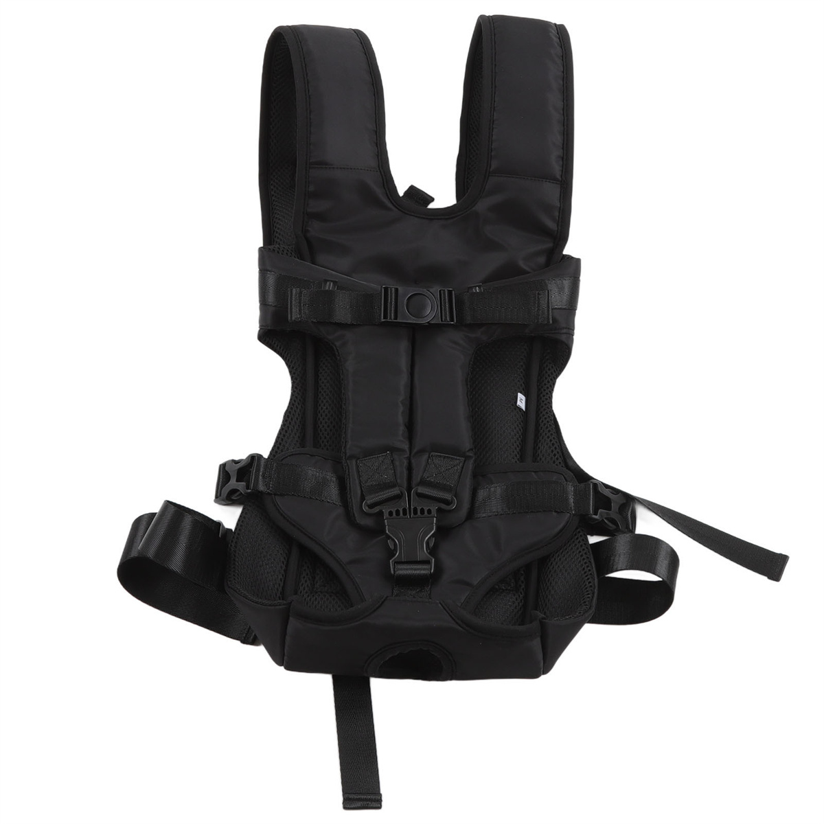 Schwarzer Kinderrucksack mit Gurten und Schnallen.
