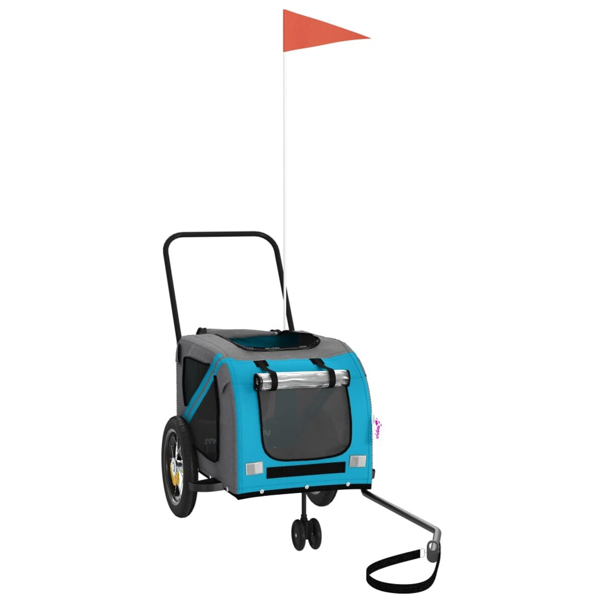 Ein blauer und grauer Haustierkinderwagen mit zwei Rädern, Griff und orangefarbener Flagge.
