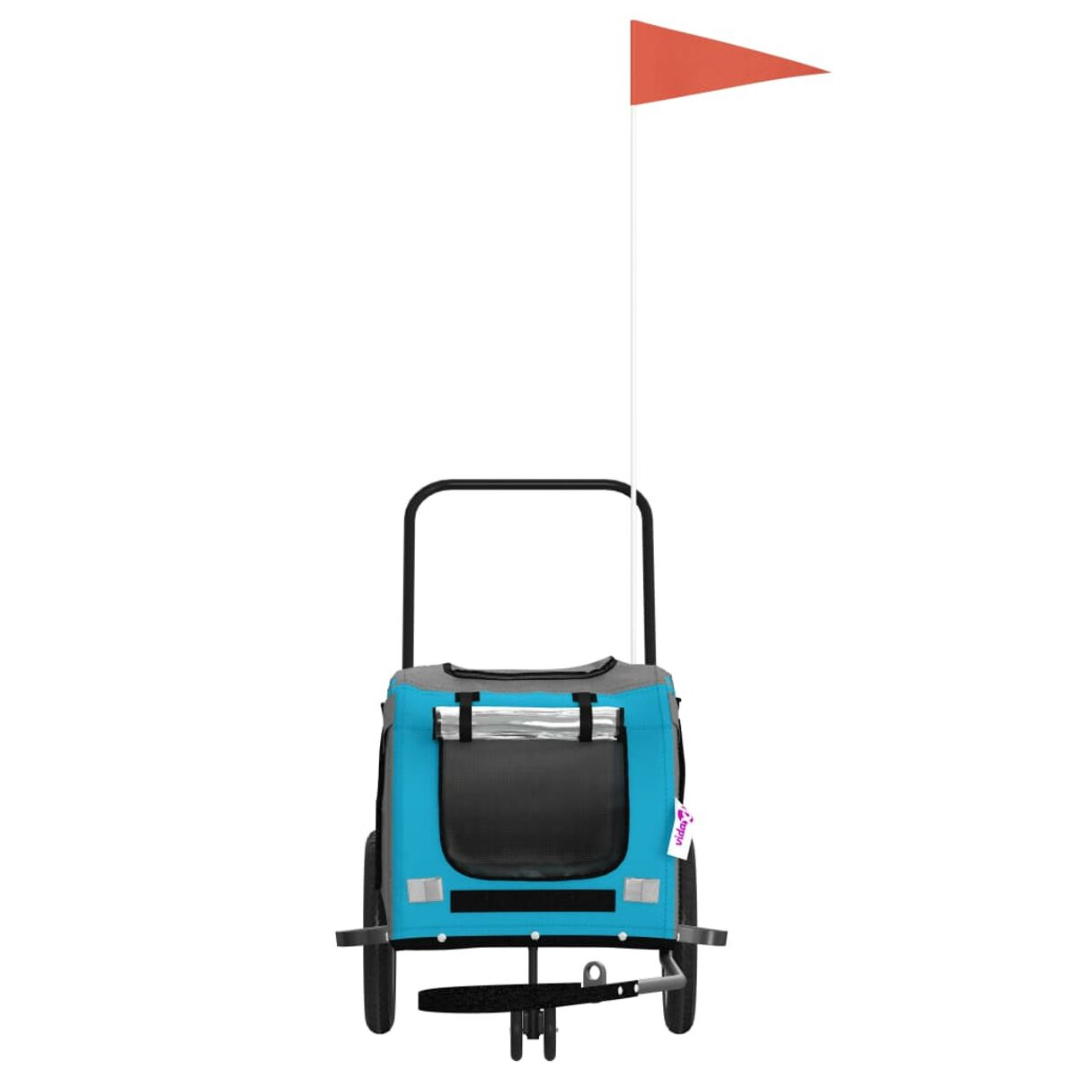 Blauer Anhänger mit schwarzem Rahmen und orangefarbener Flagge auf weißem Grund.