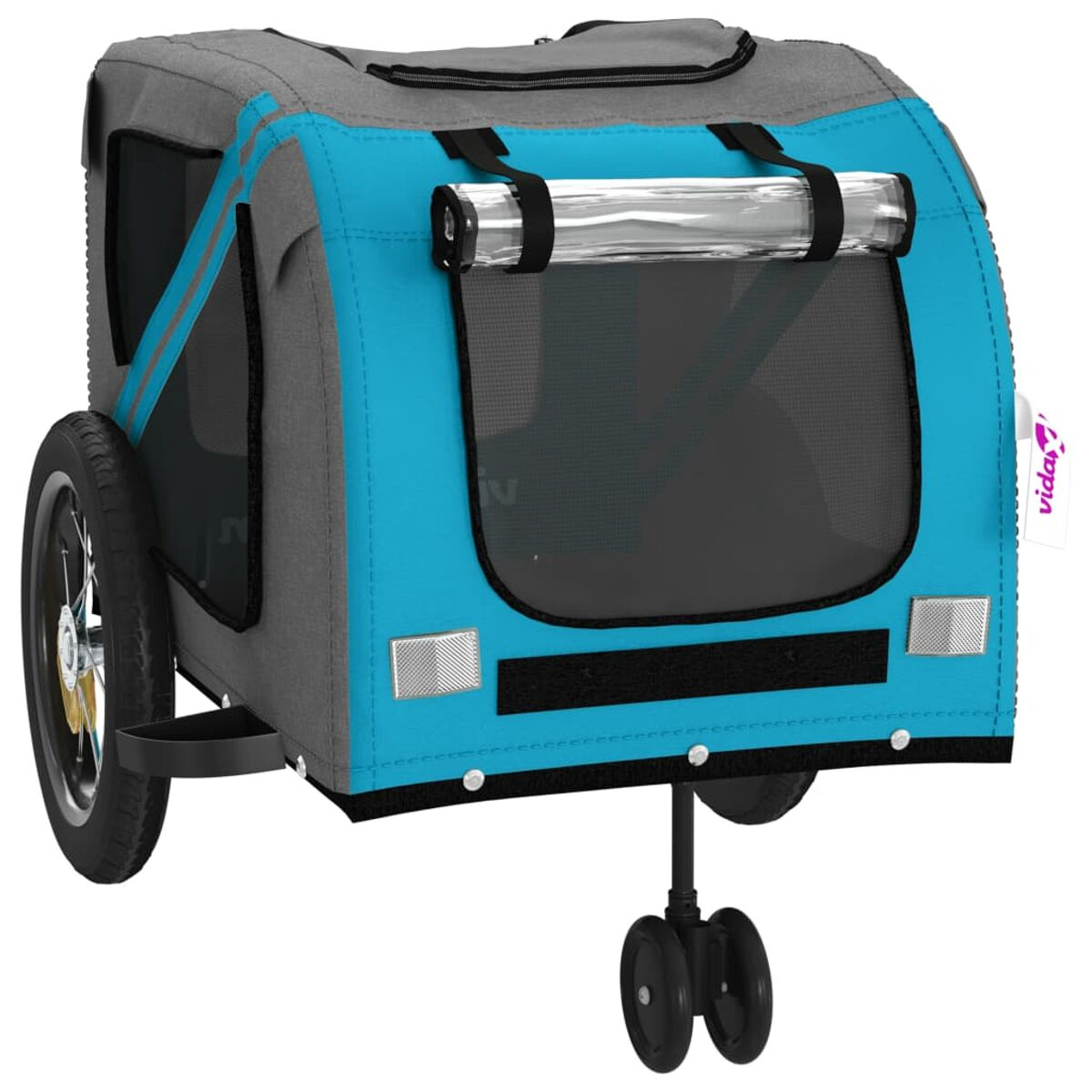 Ein blauer und grauer Hundeanhänger mit Rädern und Fenstern.