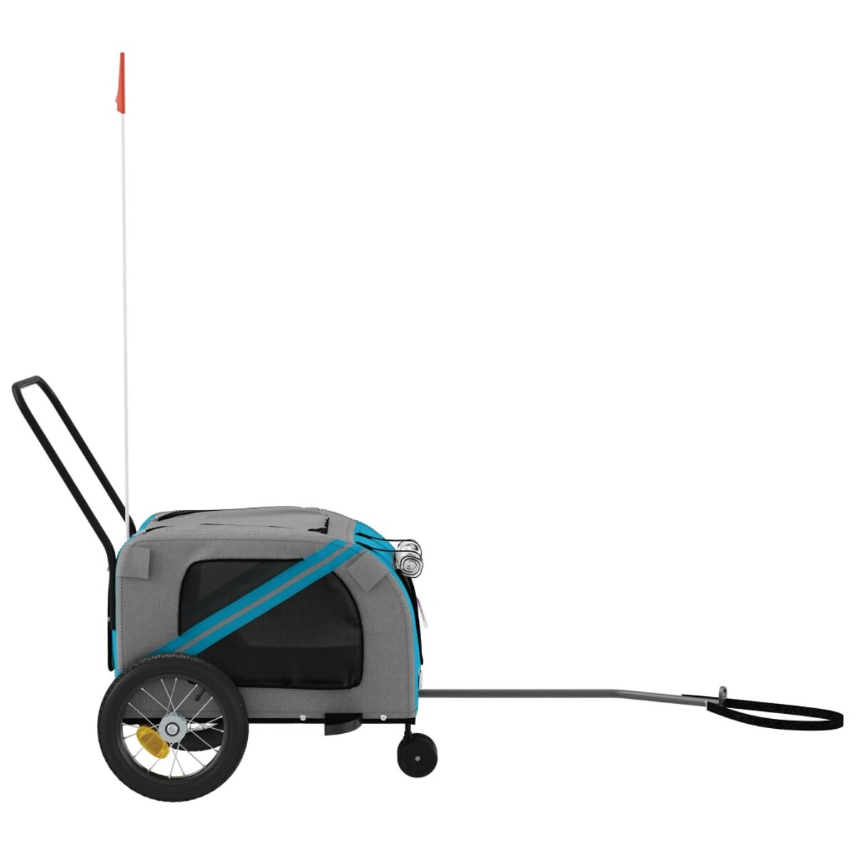 Grauer Hundewagen mit blauem Band, großem Rad, Griff und Sicherheitswimpel.