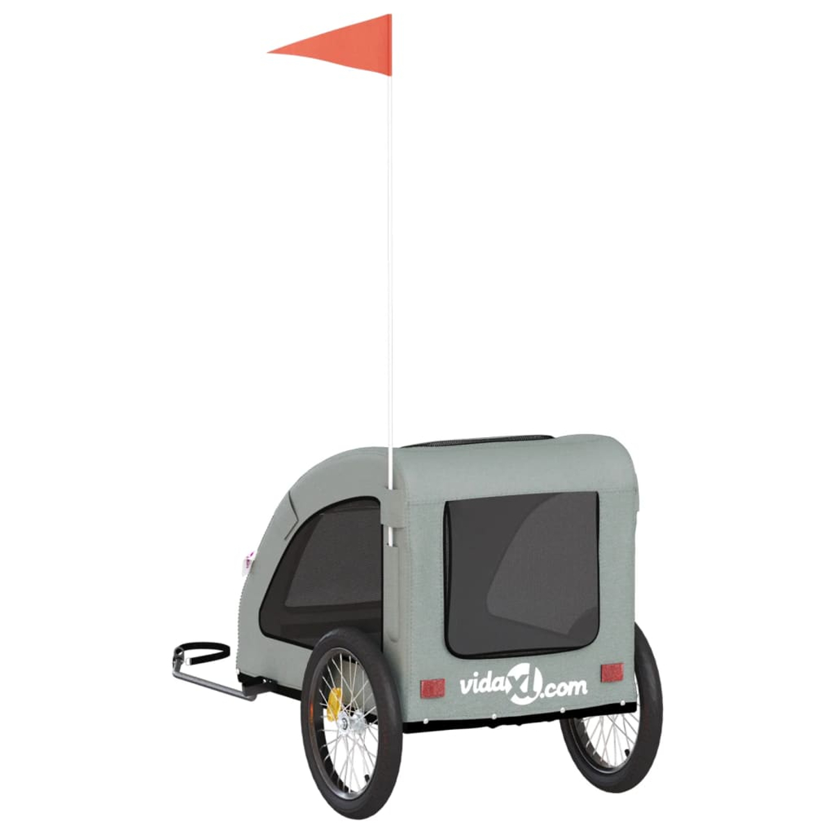 Ein grauer Kinderanhänger mit zwei Rädern, einer roten Fahne an einer Stange und einem vidaXL.com-Logo.