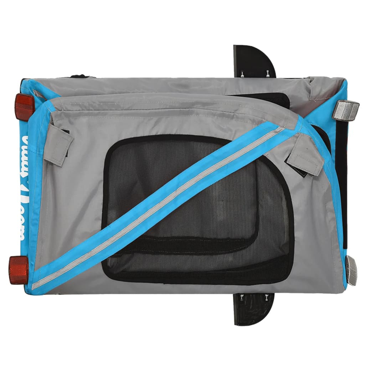 Grauer und blauer Hundewagen mit Netzeinsätzen und Reflektoren.