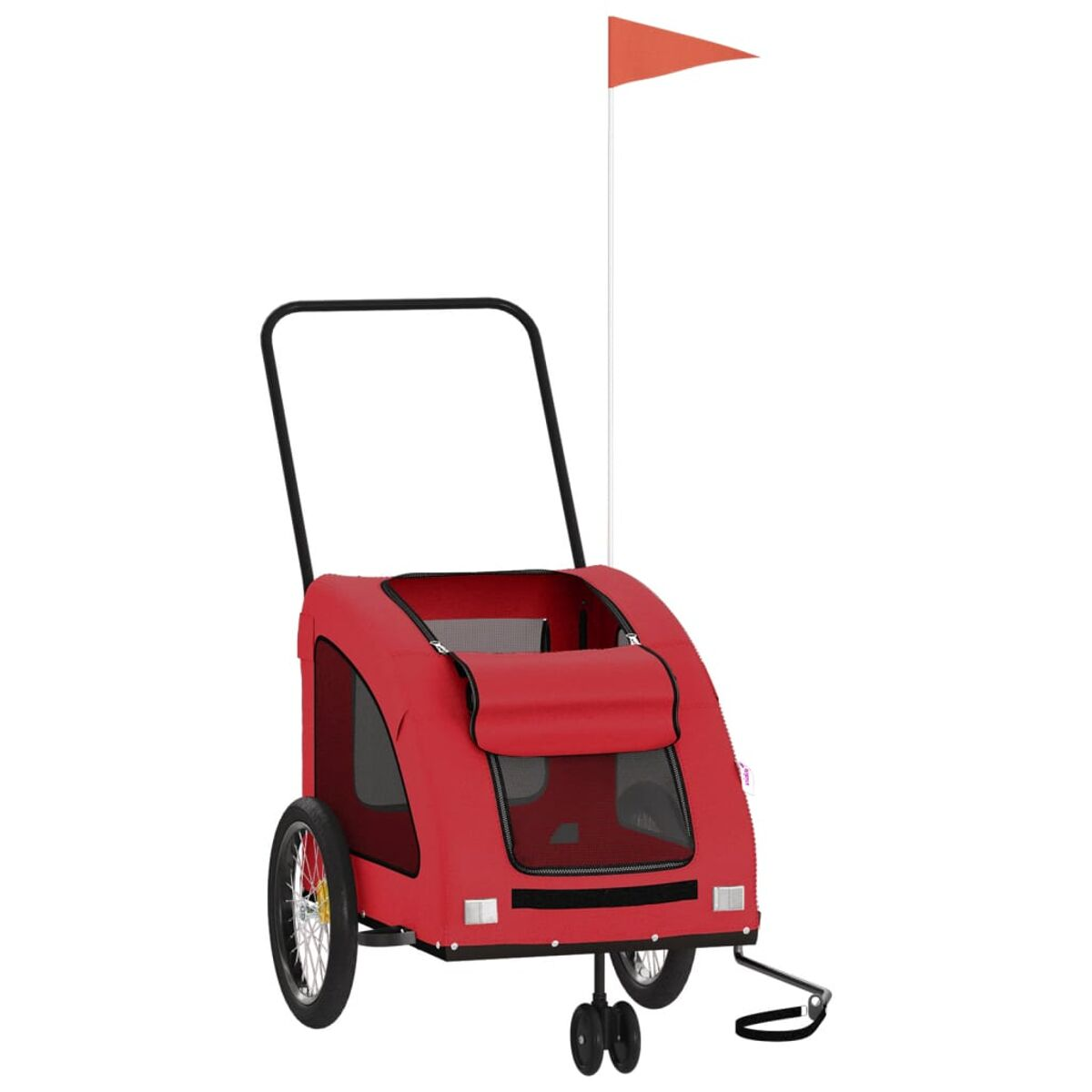 Roter Fahrradanhänger für Haustiere mit Flagge und Griffen.