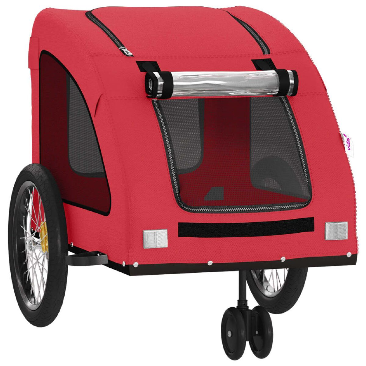 Ein roter Fahrradanhänger für Haustiere mit Netzfenstern und einem transparenten Sichtschutz.
