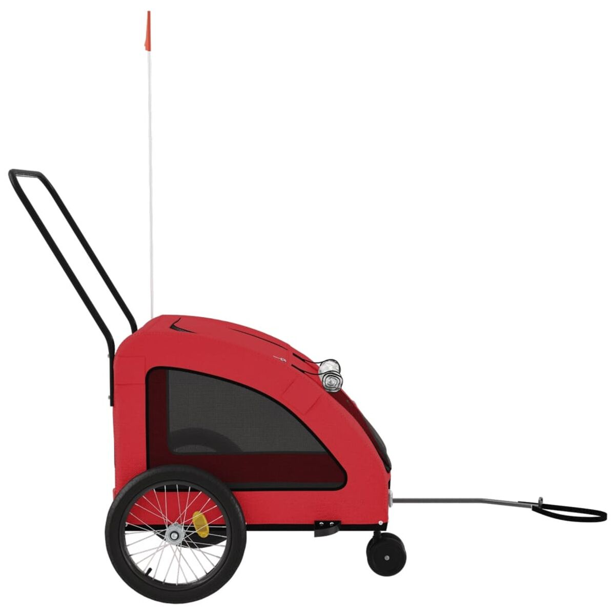 Ein roter Fahrradanhänger für Haustiere mit Netzfenstern und einer Fahne.