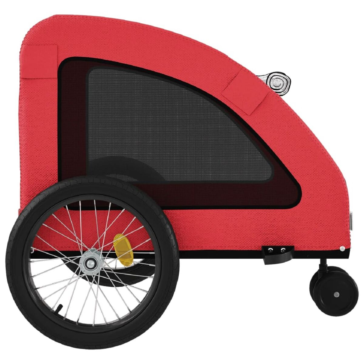 Ein roter Fahrradanhänger mit einem großen schwarzen Rad und einem kleinen Rad.