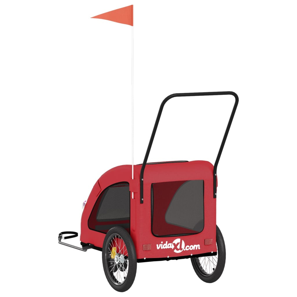 Roter Kinderwagenanhänger mit Netzfenstern, Griffen, Rädern und orangefarbener Flagge.