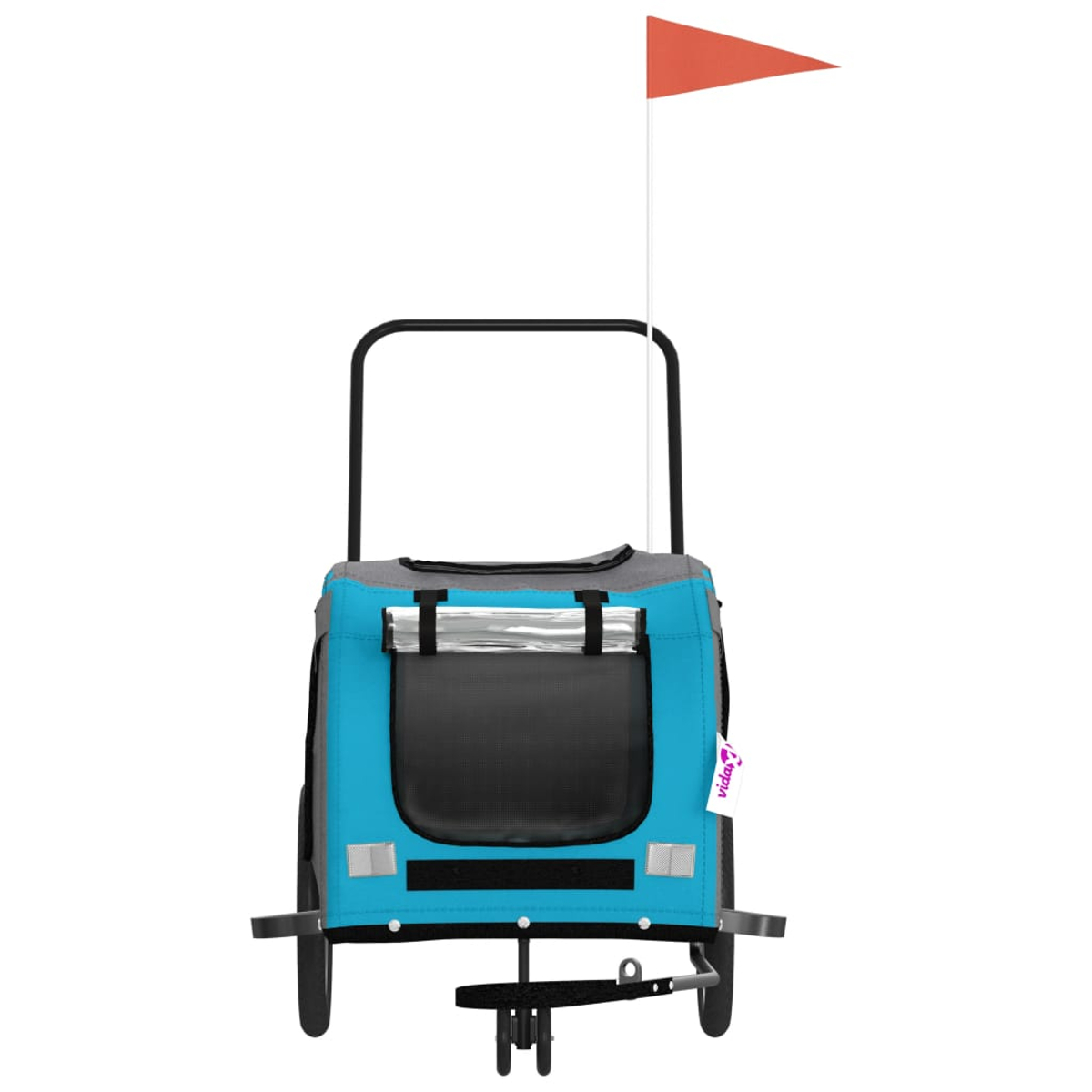 Ein blauer Fahrradanhänger für Haustiere mit einem orangefarbenen Wimpel auf einer Stange.