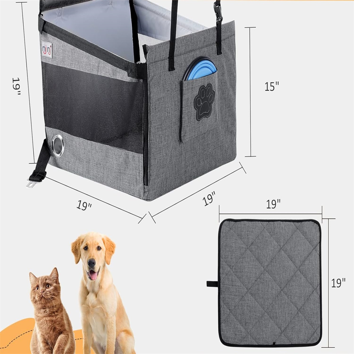 Grauer Hundekorb mit Netzfenstern, Hund, Katze und Einlage.