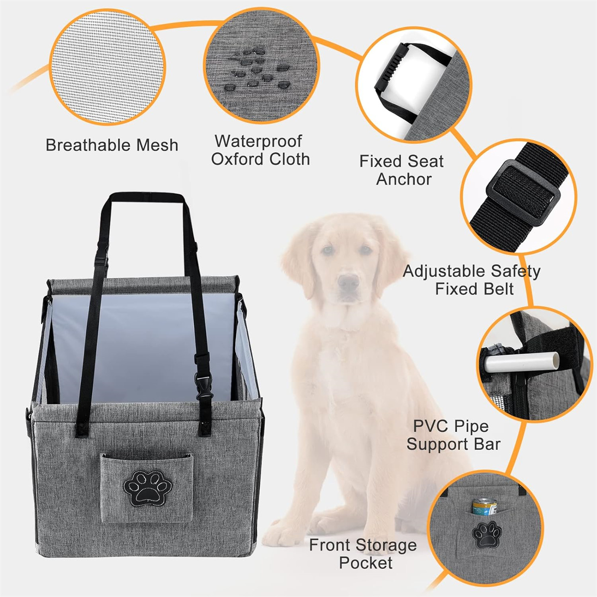 Grauer Hundetransporter mit goldenem Retriever, atmungsaktiv, wasserdicht.