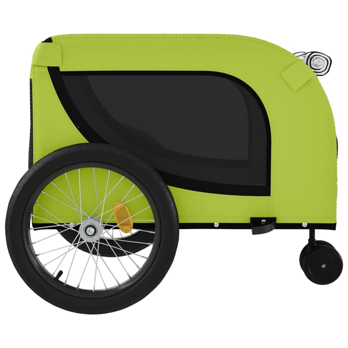 Ein hellgrüner Kinderwagen mit schwarzem Netzfenster und einem Rad.