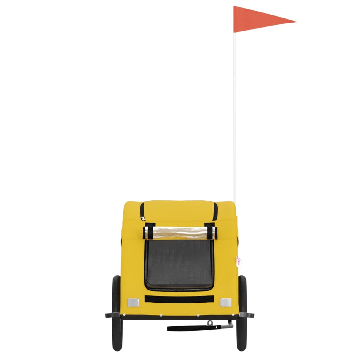 Gelber Anhänger mit Netzfenster und orangefarbener Flagge.