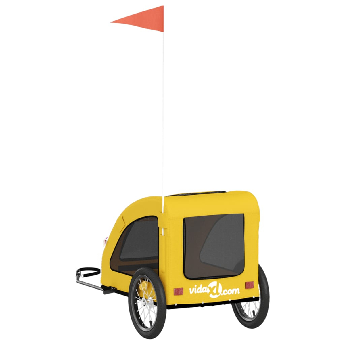 Ein gelber Fahrradanhänger mit orangem Wimpel, Fenstern und dem Logo vidaXL.com.