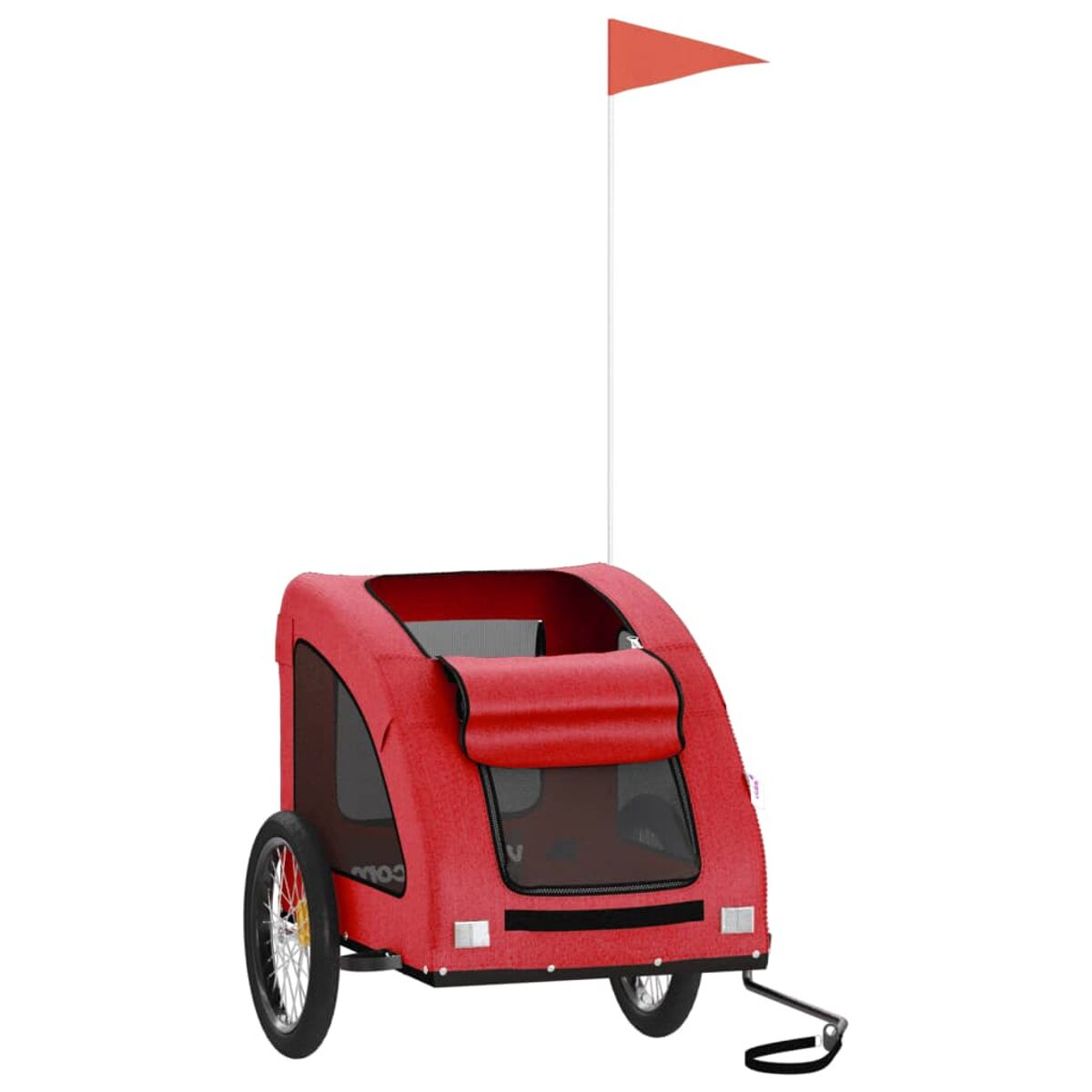 Ein roter Fahrradanhänger für Haustiere mit Netzfenstern und einer orangen Fahne.