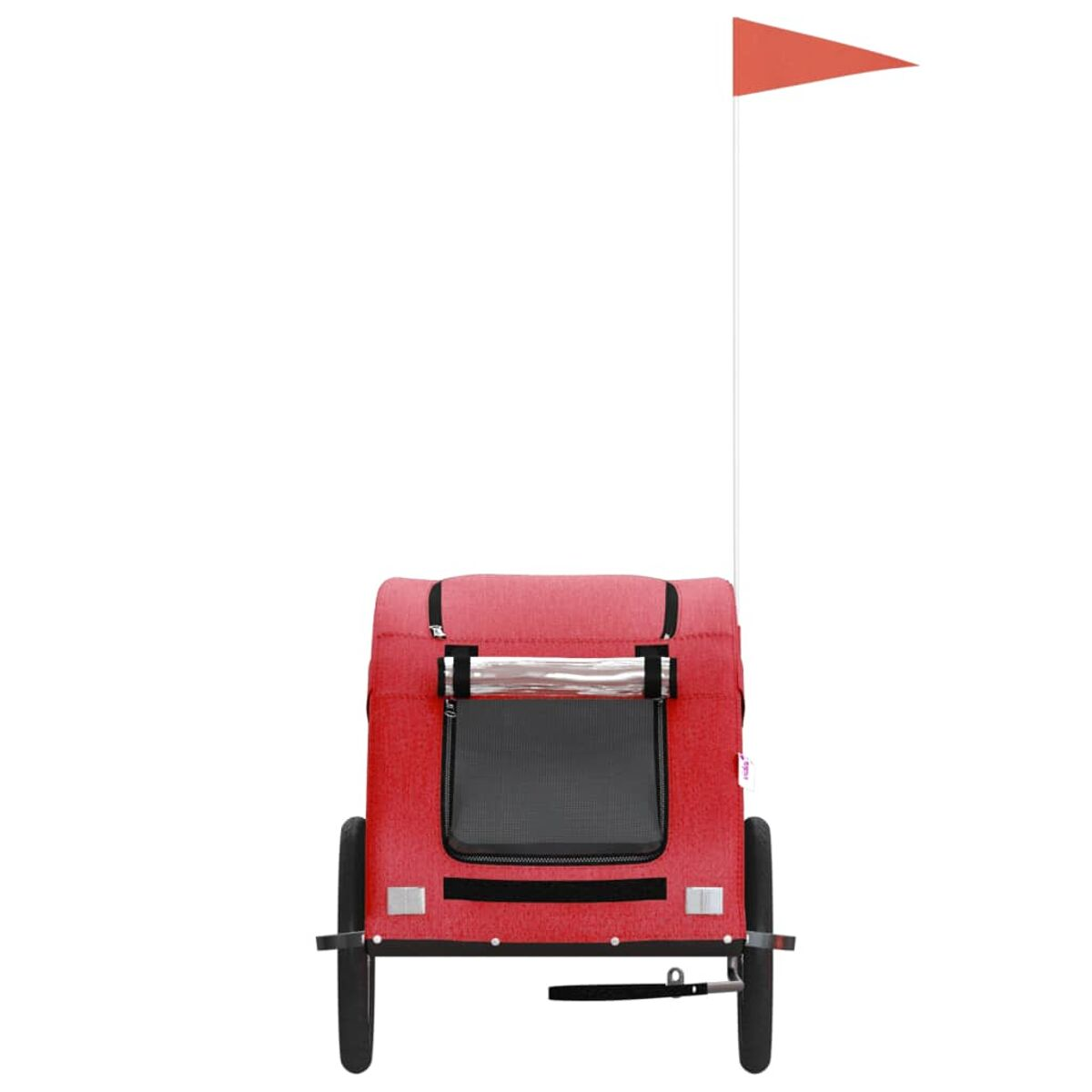 Roter Anhänger mit zwei Rädern, einer Antenne mit orangefarbener Fahne.
