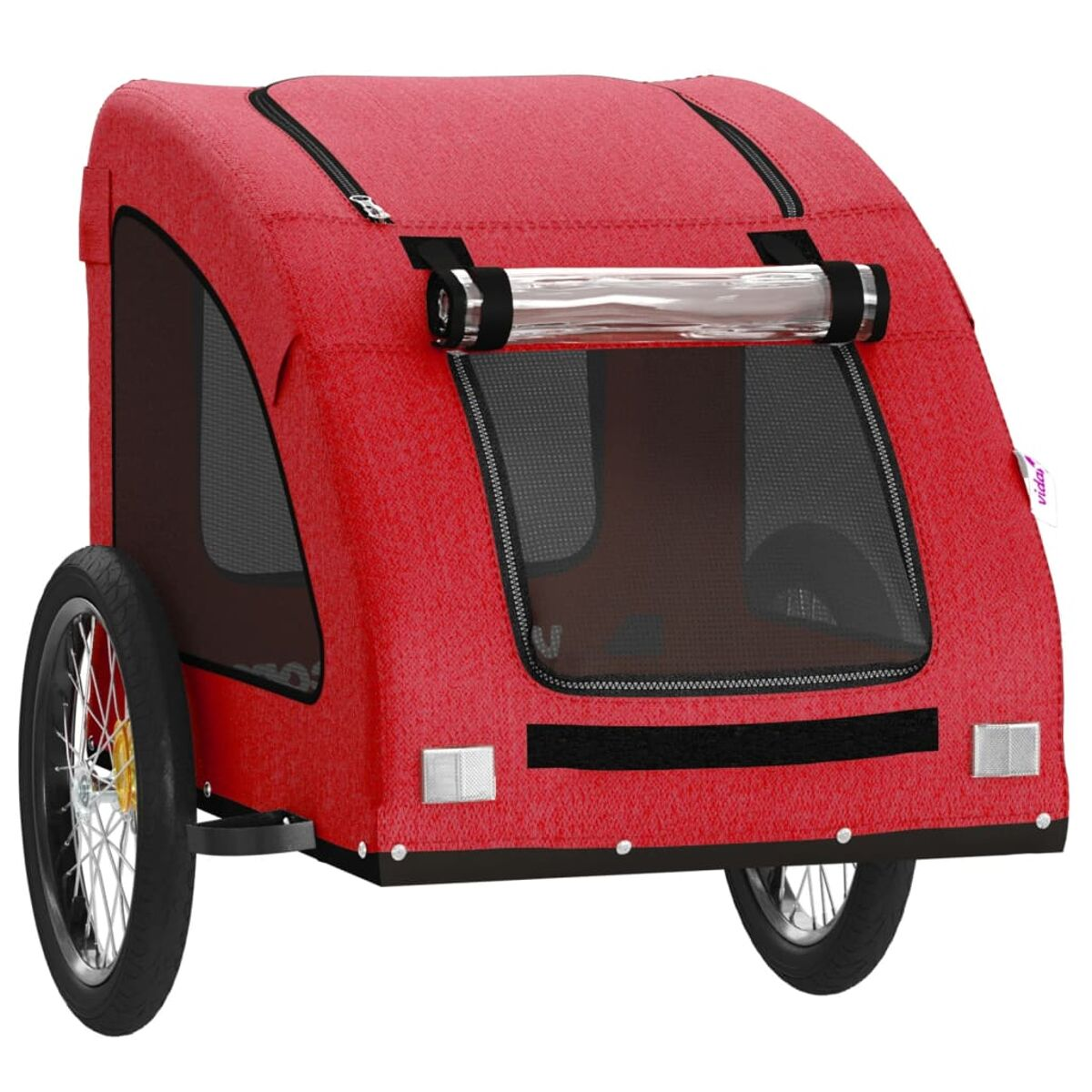 Ein roter Fahrradanhänger für Haustiere mit Netzfenstern und sichtbaren Rädern.