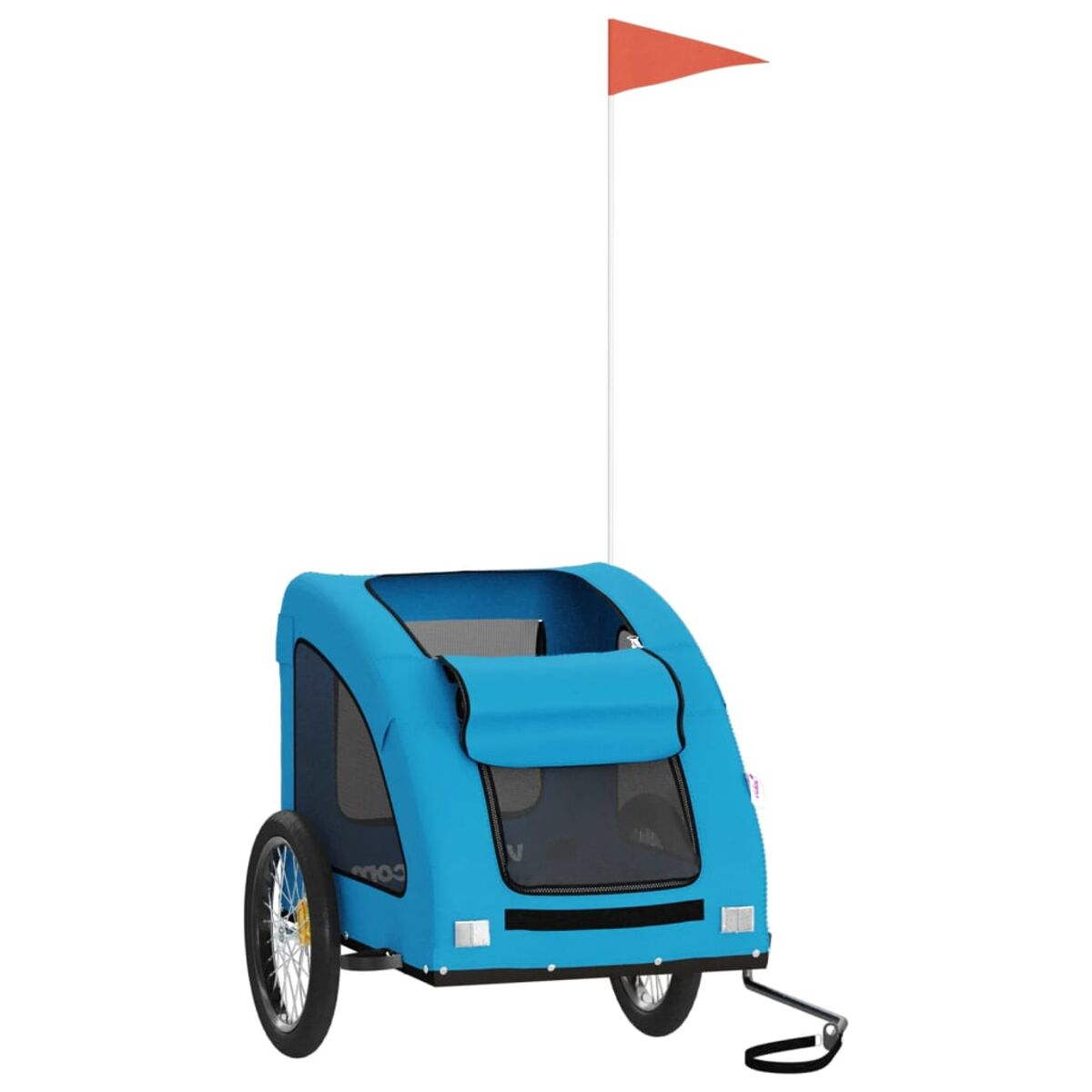 Ein blauer Fahrradanhänger für Kinder mit einem orangefarbenen Wimpel.