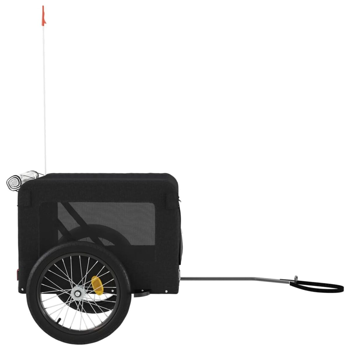 Schwarzer Fahrradanhänger mit einem Rad, Sicherheitsfahne und Netzfenster.