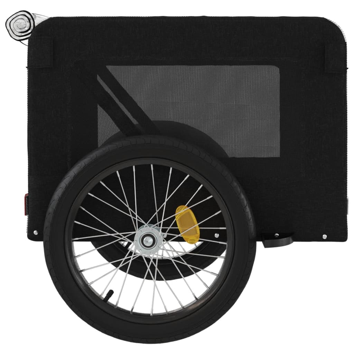 Ein schwarzer Fahrradanhänger mit einem Rad, einem Fenster und einem Griff.