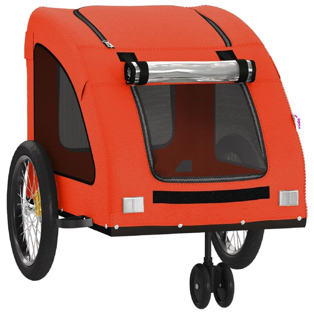 Orange Kinderanhänger mit zwei Rädern und einem Vorderrad.
