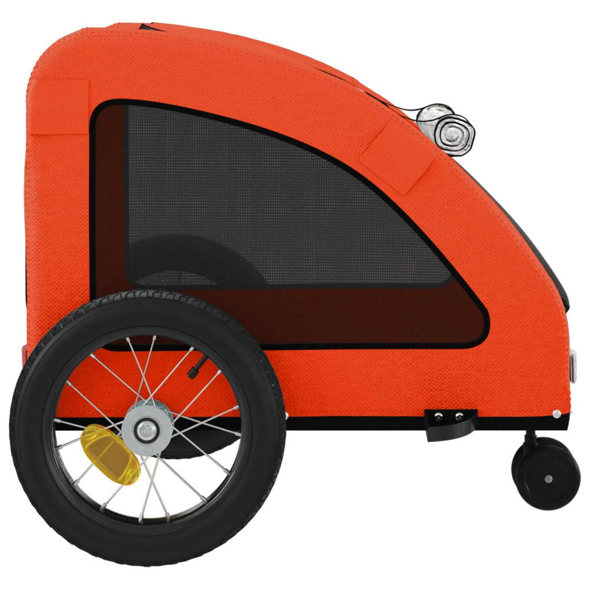 Orange Kinderanhänger mit schwarzem Netzfenster, großem Rad und kleinem Stützrad.