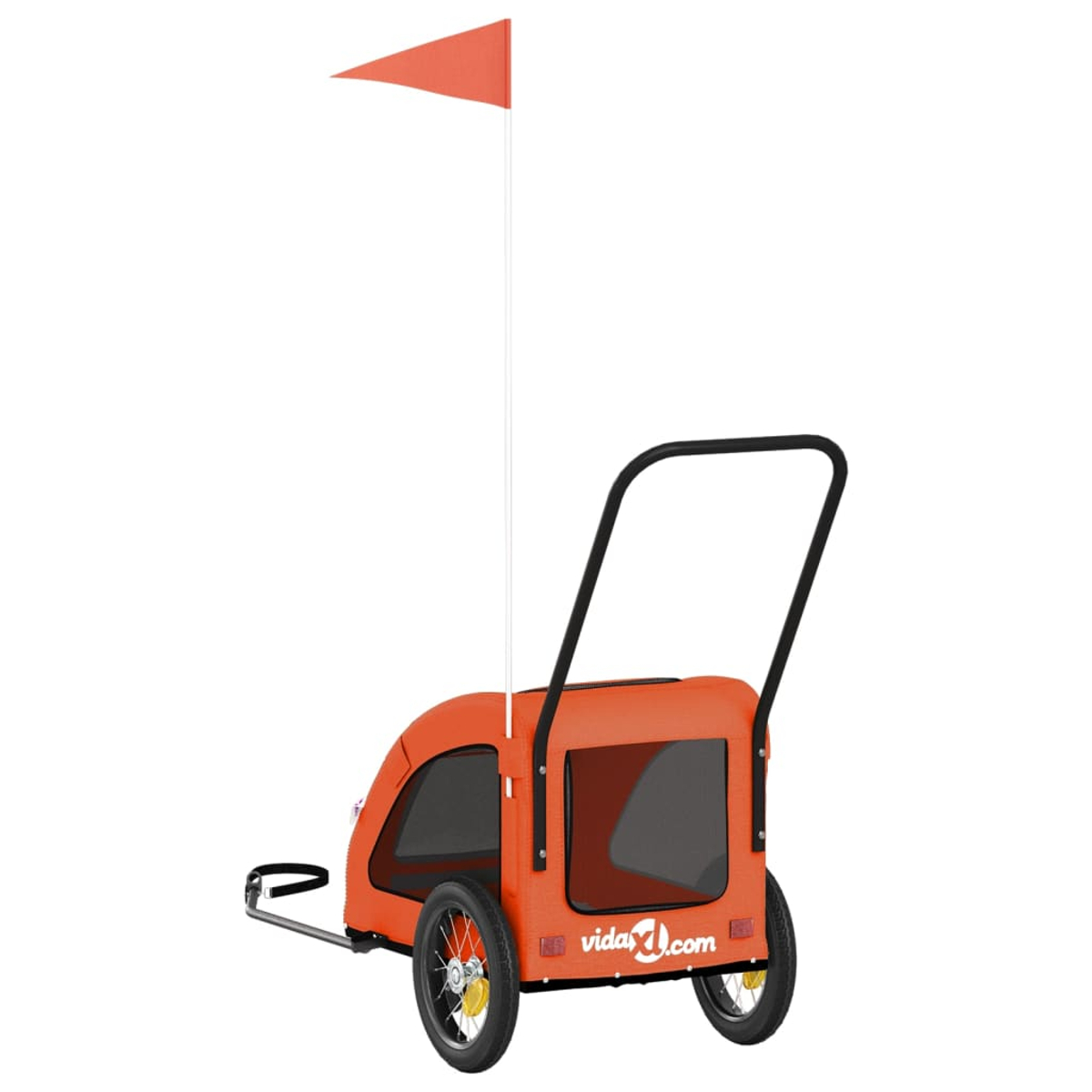 Ein orangefarner Fahrradanhänger mit zwei Rädern, einem Griff und einer Flagge.
