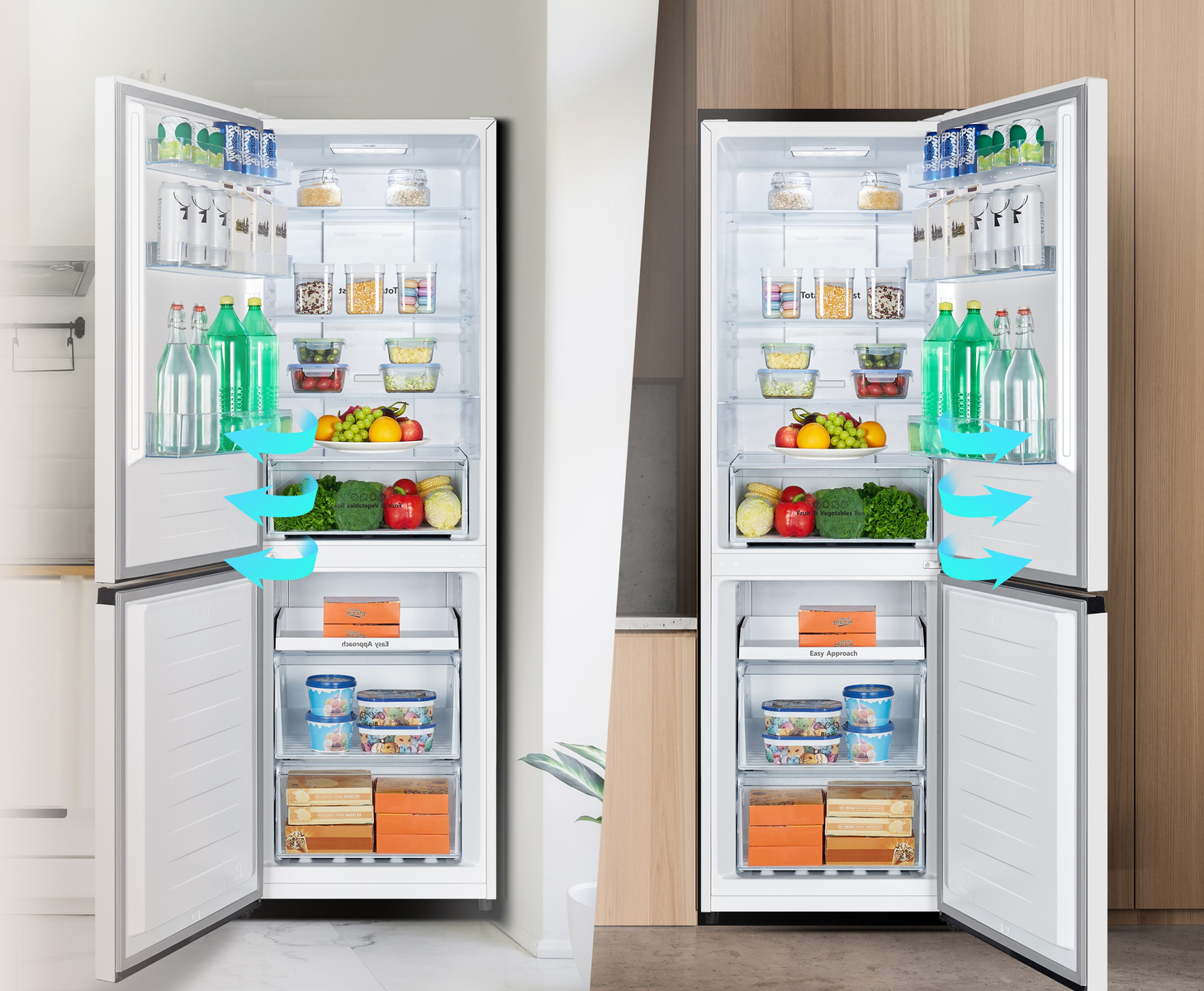 Dos refrigeradores abiertos llenos de comida y flechas de flujo de aire.