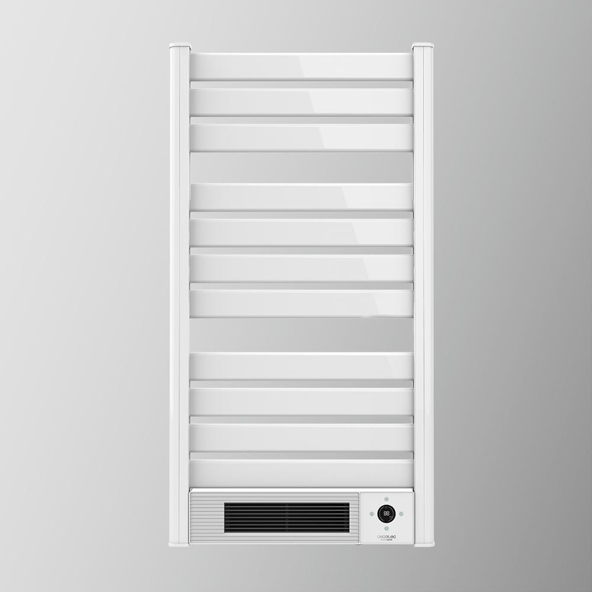 Biały podgrzewacz do ręczników z poziomymi listwami i kratką wentylacyjną na dole.