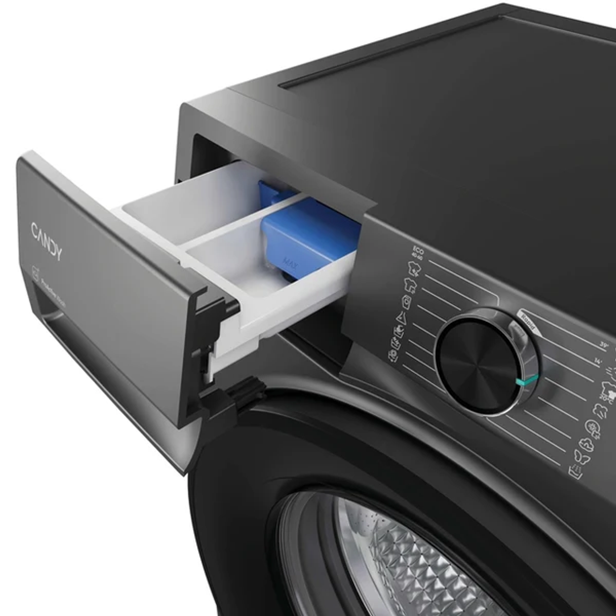 Szuflada na detergent jest wysunięta z szarej pralki.