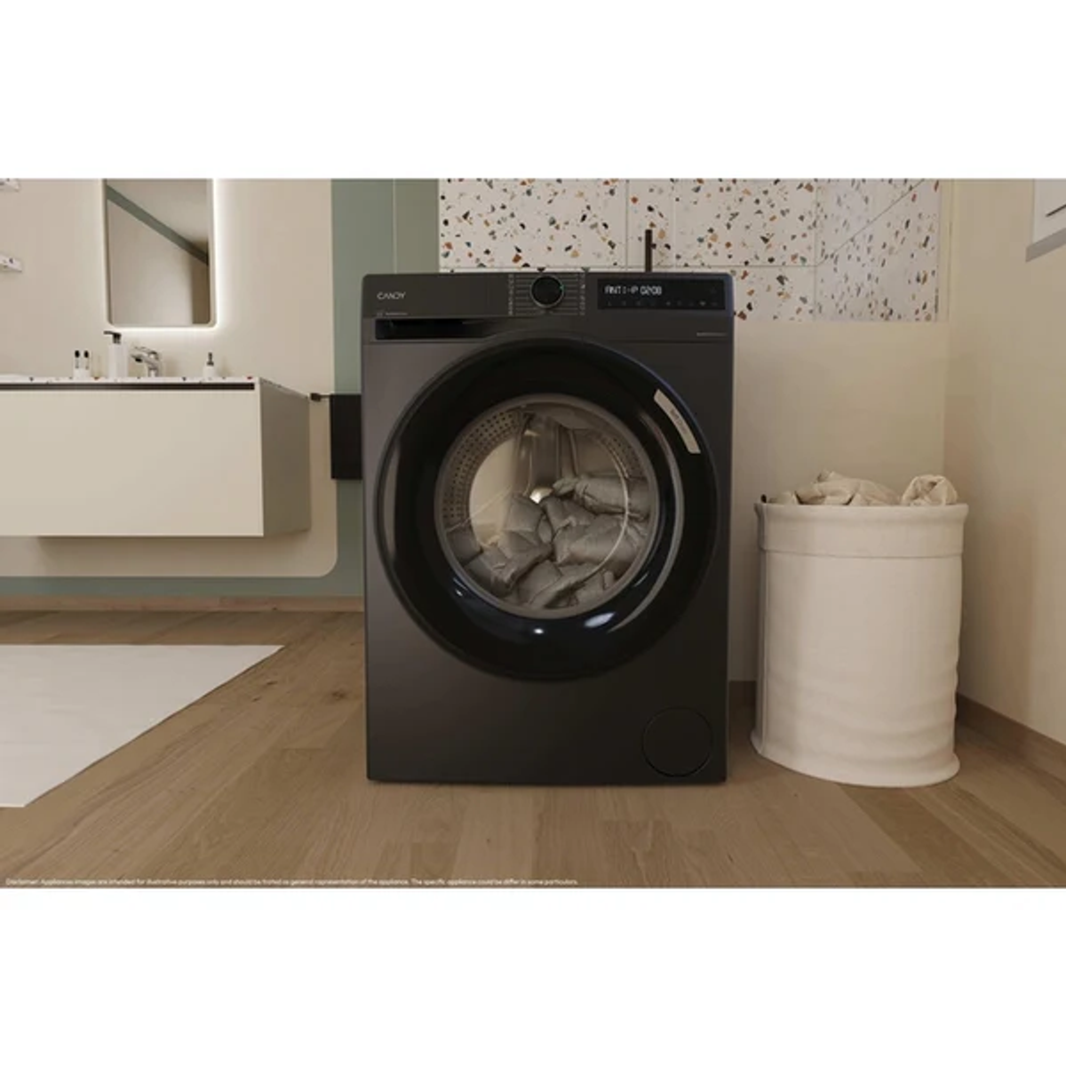 Czarna pralka z koszem na pranie i umywalką w tle.