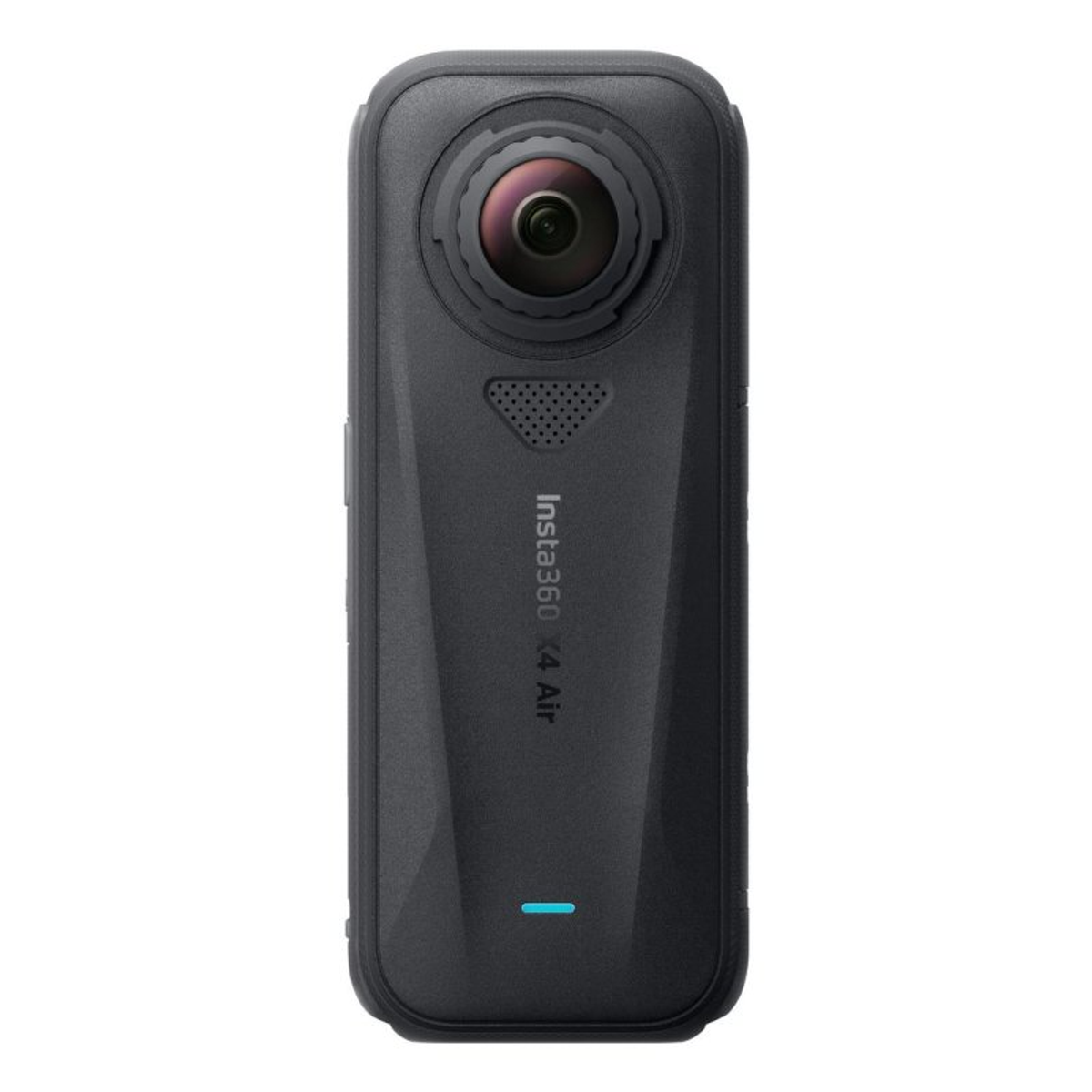 Schwarze Insta360 X4 Air Kamera mit Linse und blauer Leuchtanzeige.