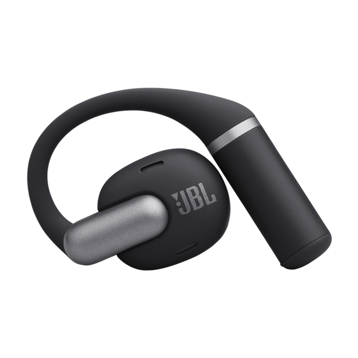 Un auricolare JBL nero con accenti argentati e gancio auricolare curvo.