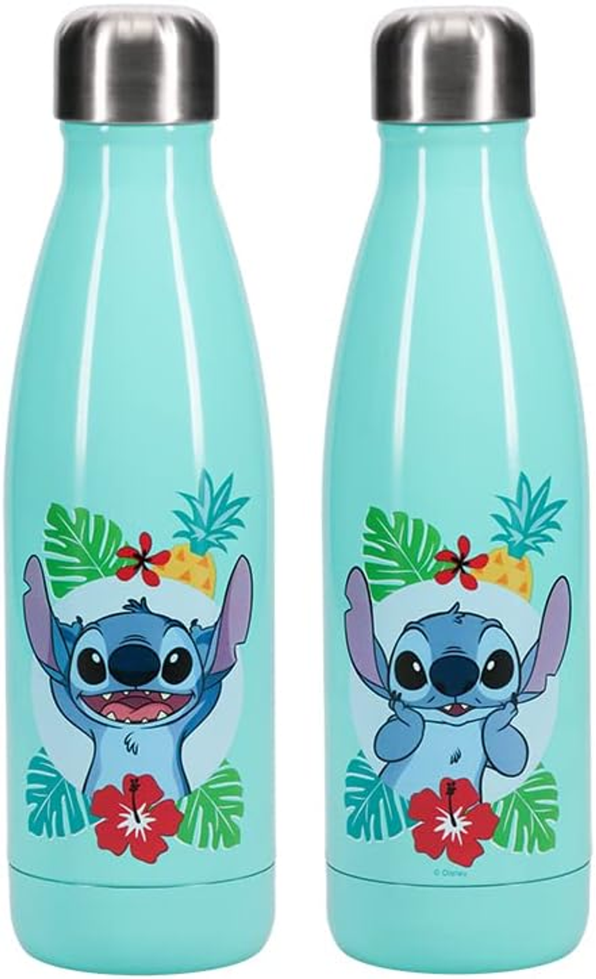 Zwei mintgrüne Wasserflaschen mit Stitch-Motiv und tropischen Blättern.