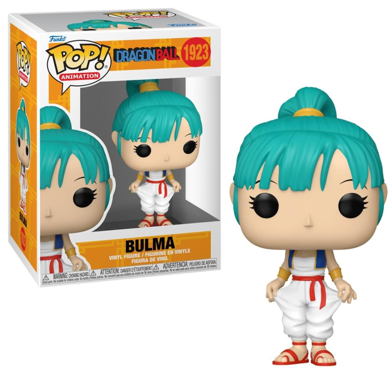 Figurka Funko Pop! winylowa Bulmy z Dragon Ball, turkusowe włosy, biały strój.