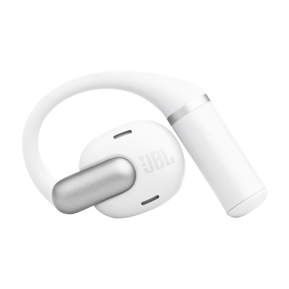 Auricolare JBL bianco con accenti argentati e design ad archetto.