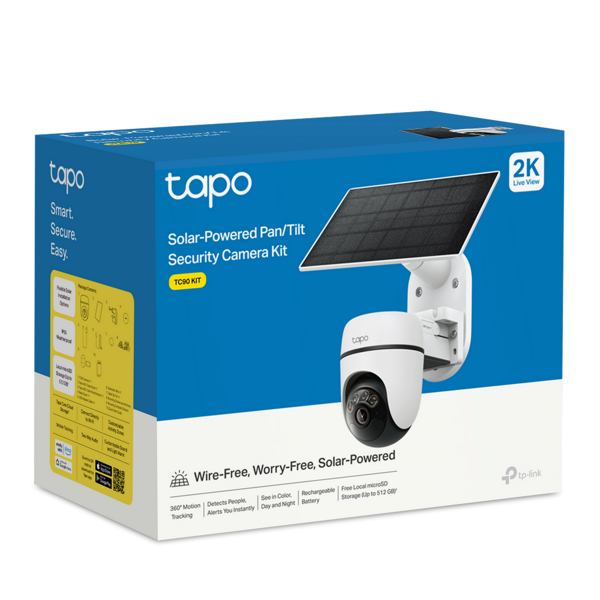 Kit telecamera di sicurezza Tapo Pan/Tilt ad energia solare su scatola blu.
