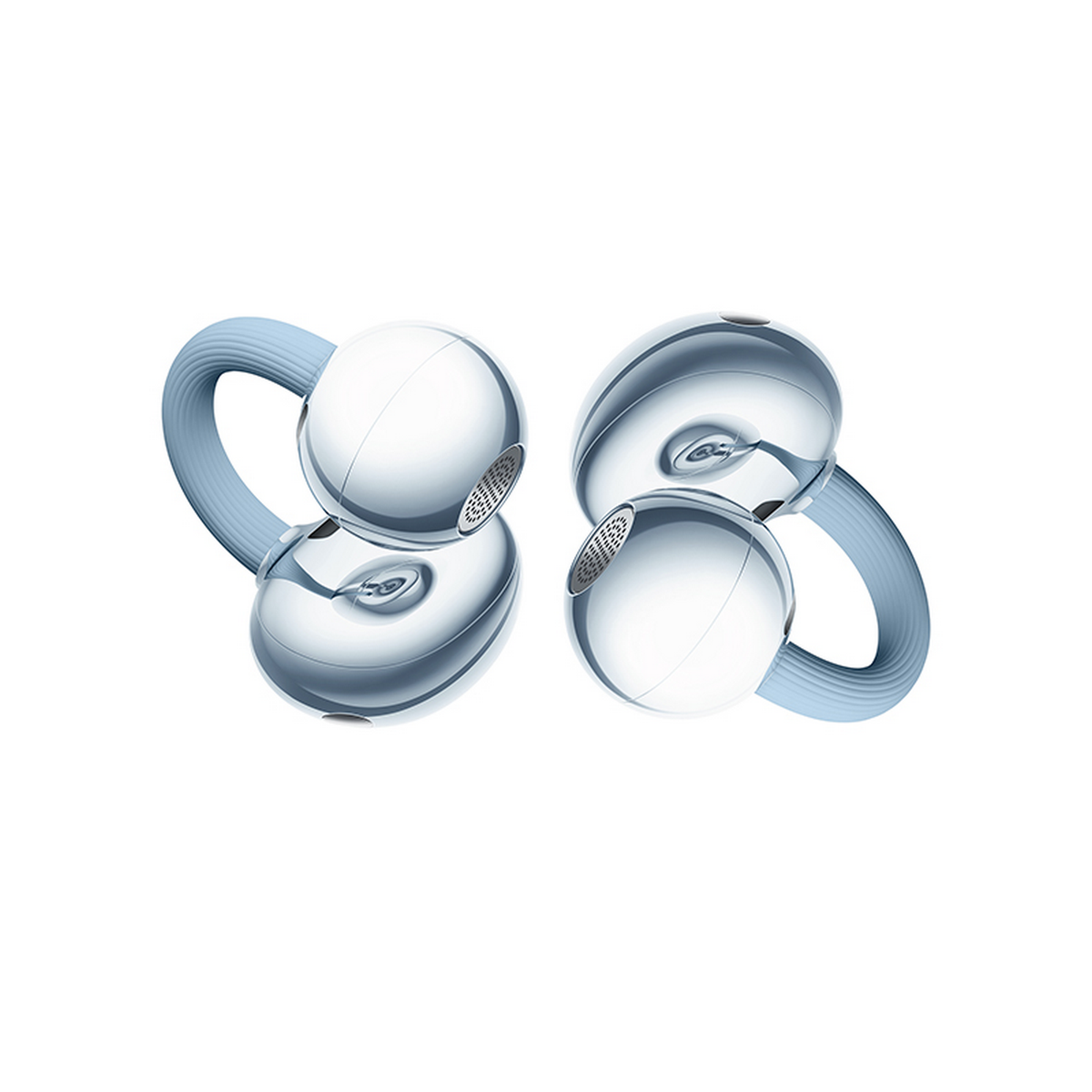 Dwie pary kulistych, półprzezroczystych słuchawek z niebieskimi pętlami na białym tle.