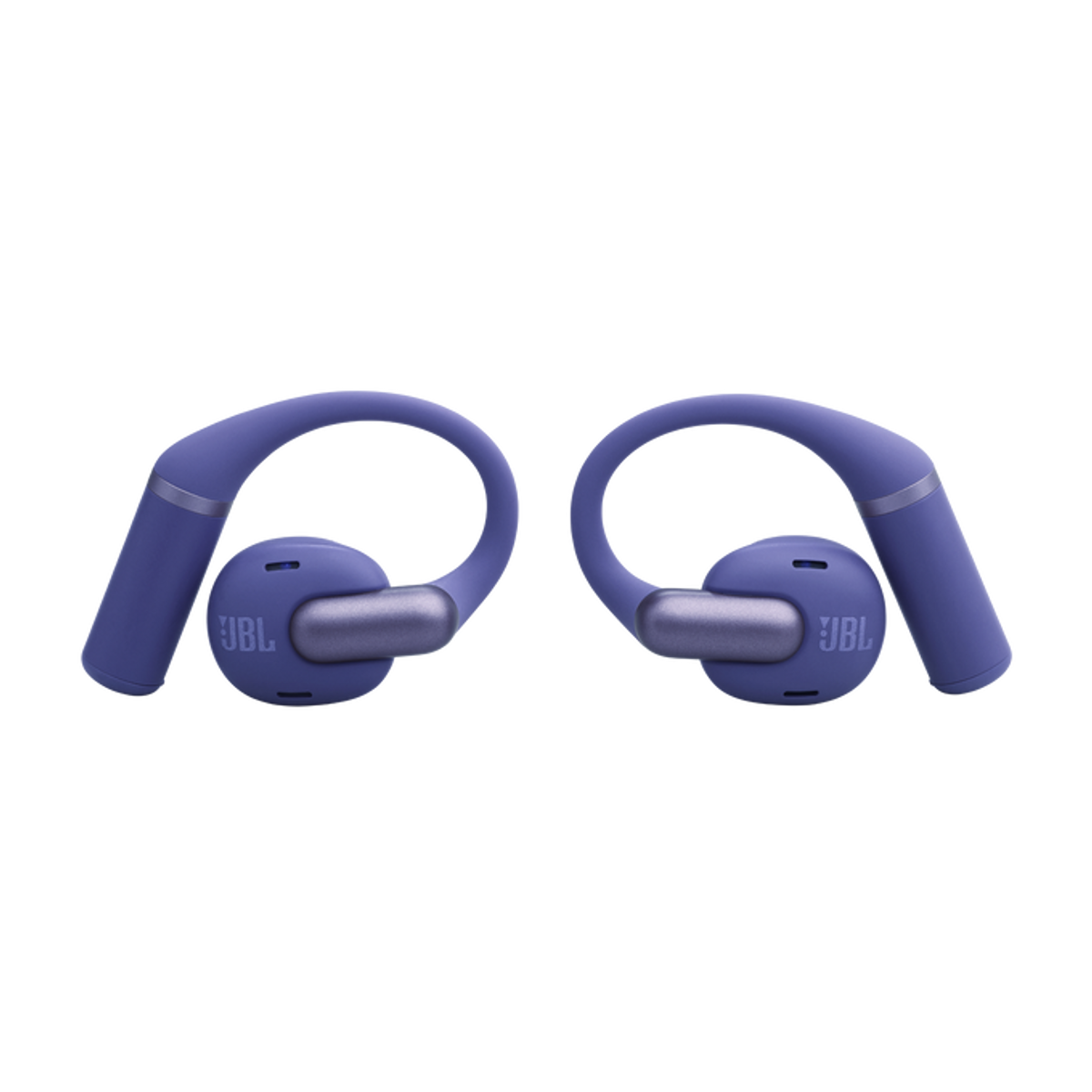 Una coppia di cuffie JBL viola con gancio per l'orecchio su sfondo nero.