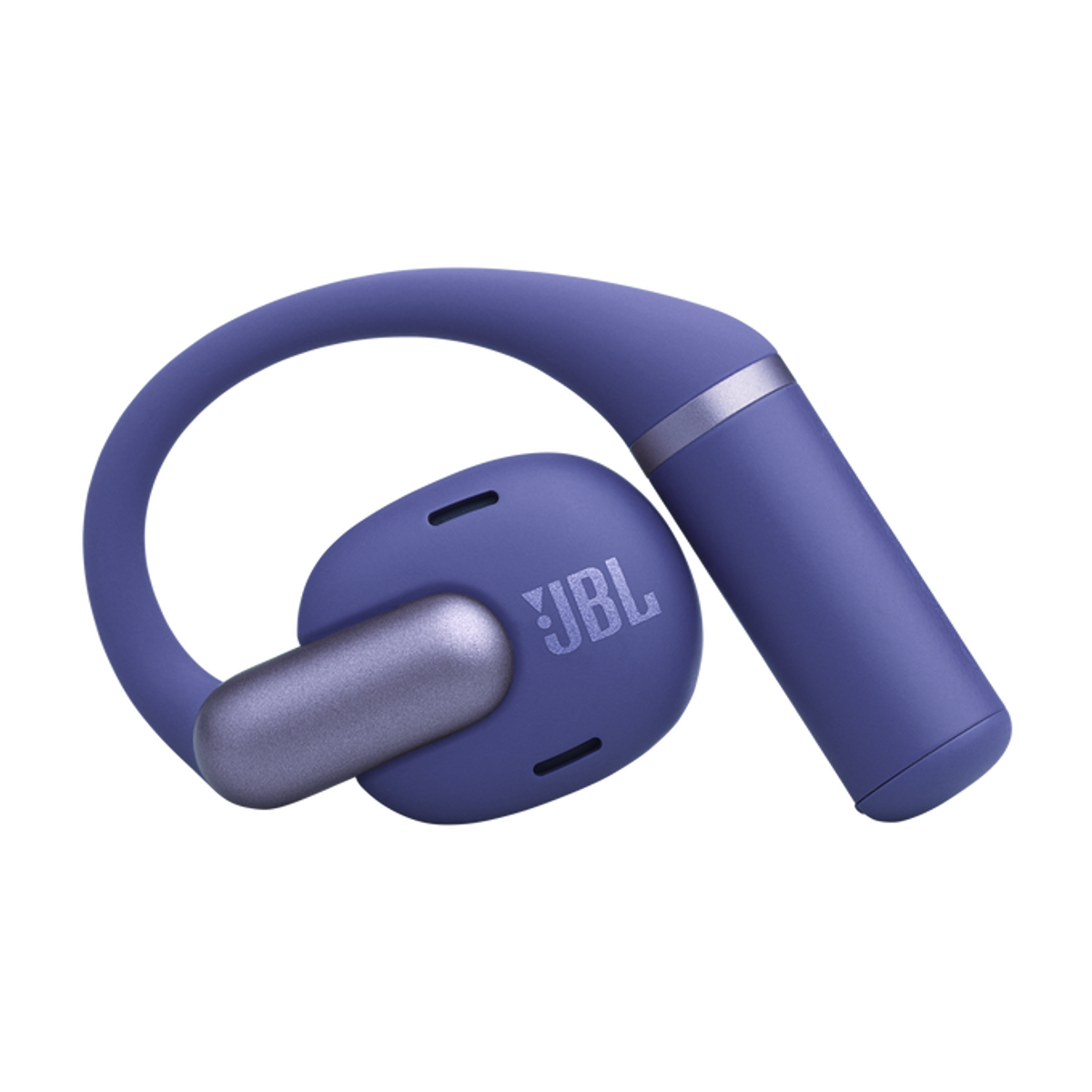 Un auricolare JBL viola con accenti argentati su sfondo nero.