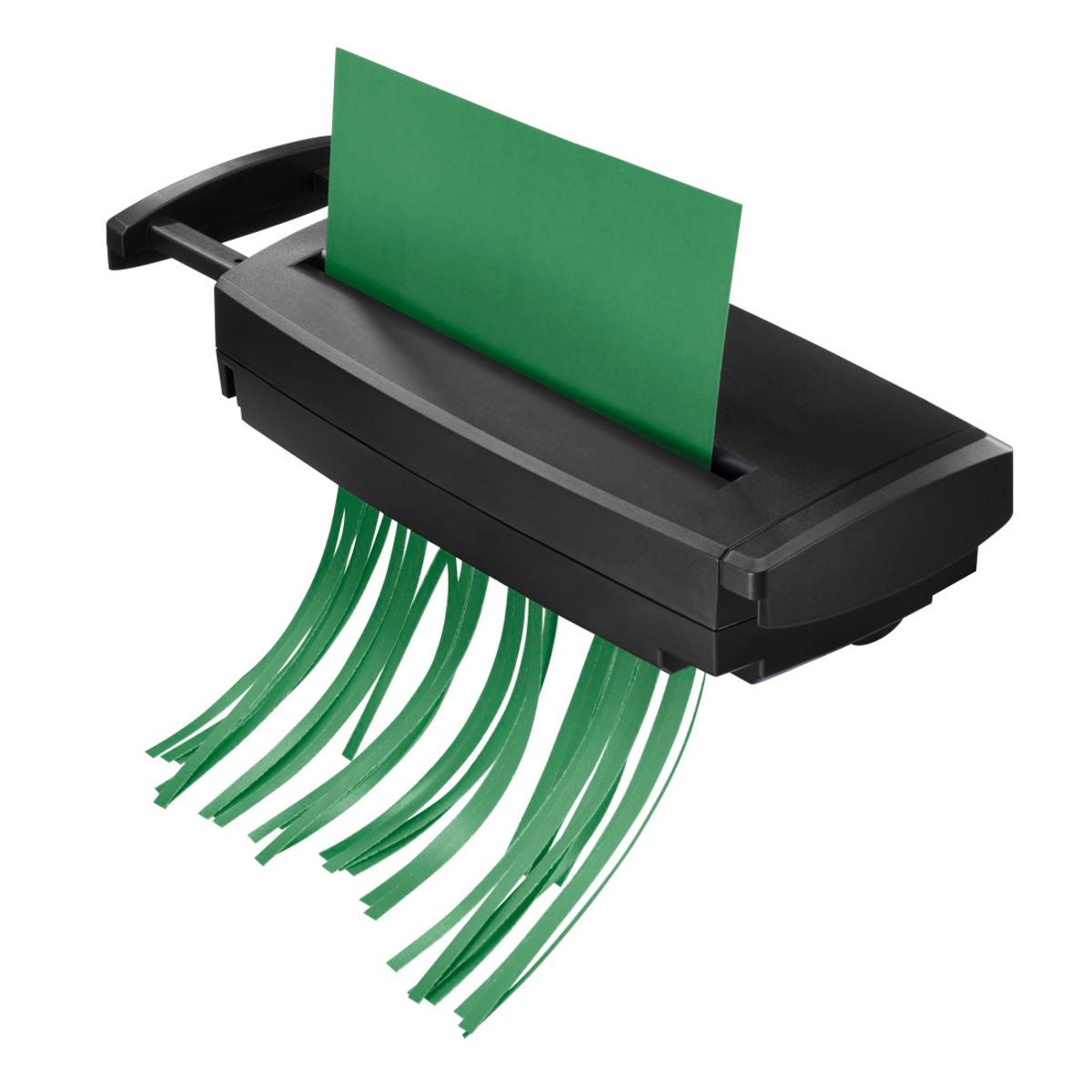 Czarna niszczarka do papieru z zielonym arkuszem papieru, który jest niszczony.