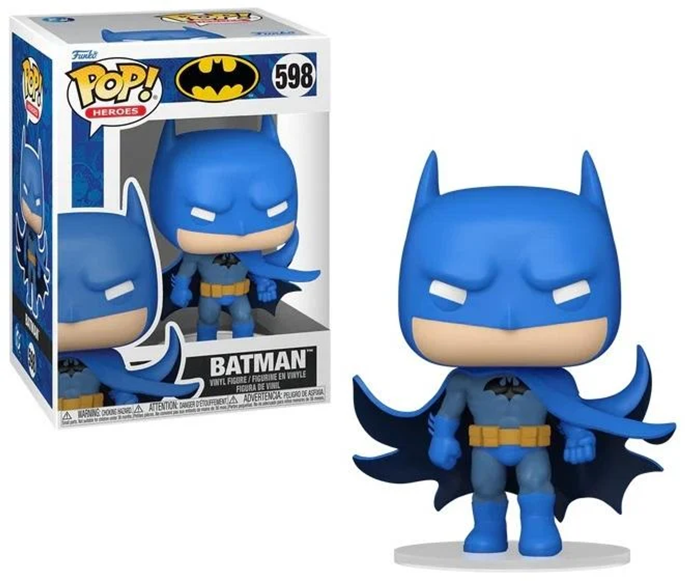 Una figura azul de Batman Funko Pop está delante de su caja.