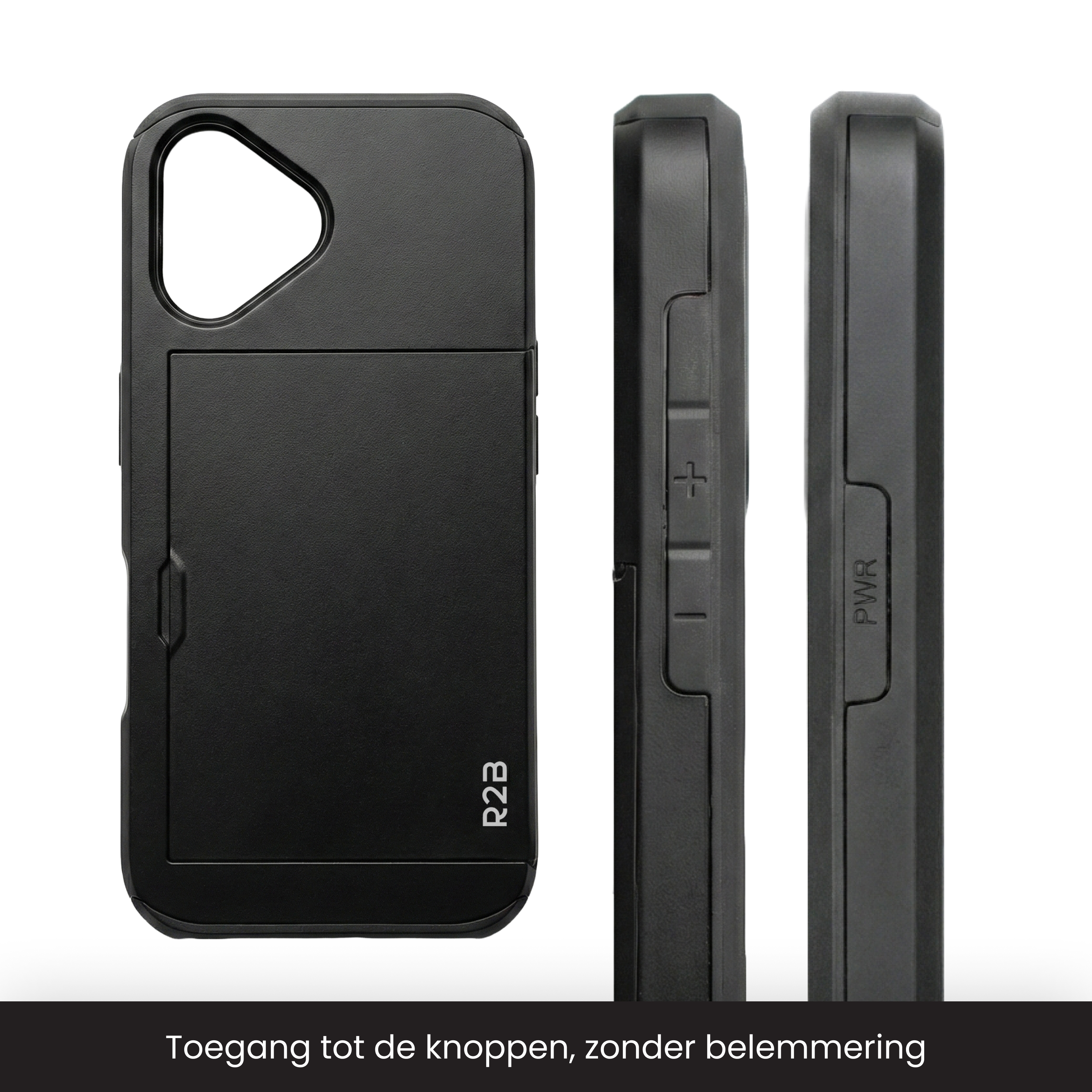 Zwarte telefoonhoes met kaartsleuf en zijaanzichten die knoppen tonen.