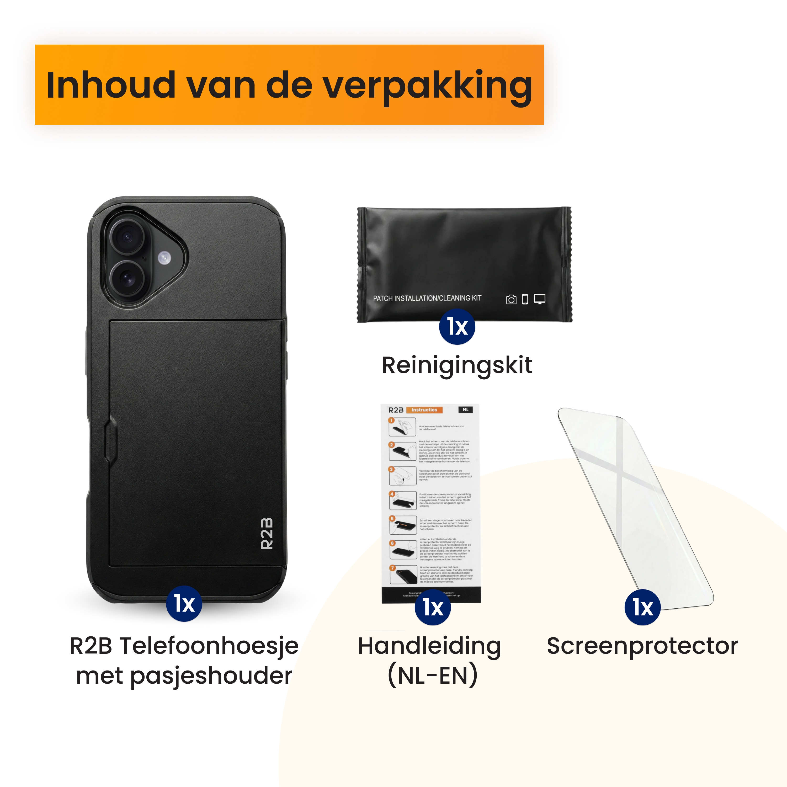 Verpakkingsinhoud: Zwarte telefoonhoes, reinigingskit, handleiding en screenprotector.
