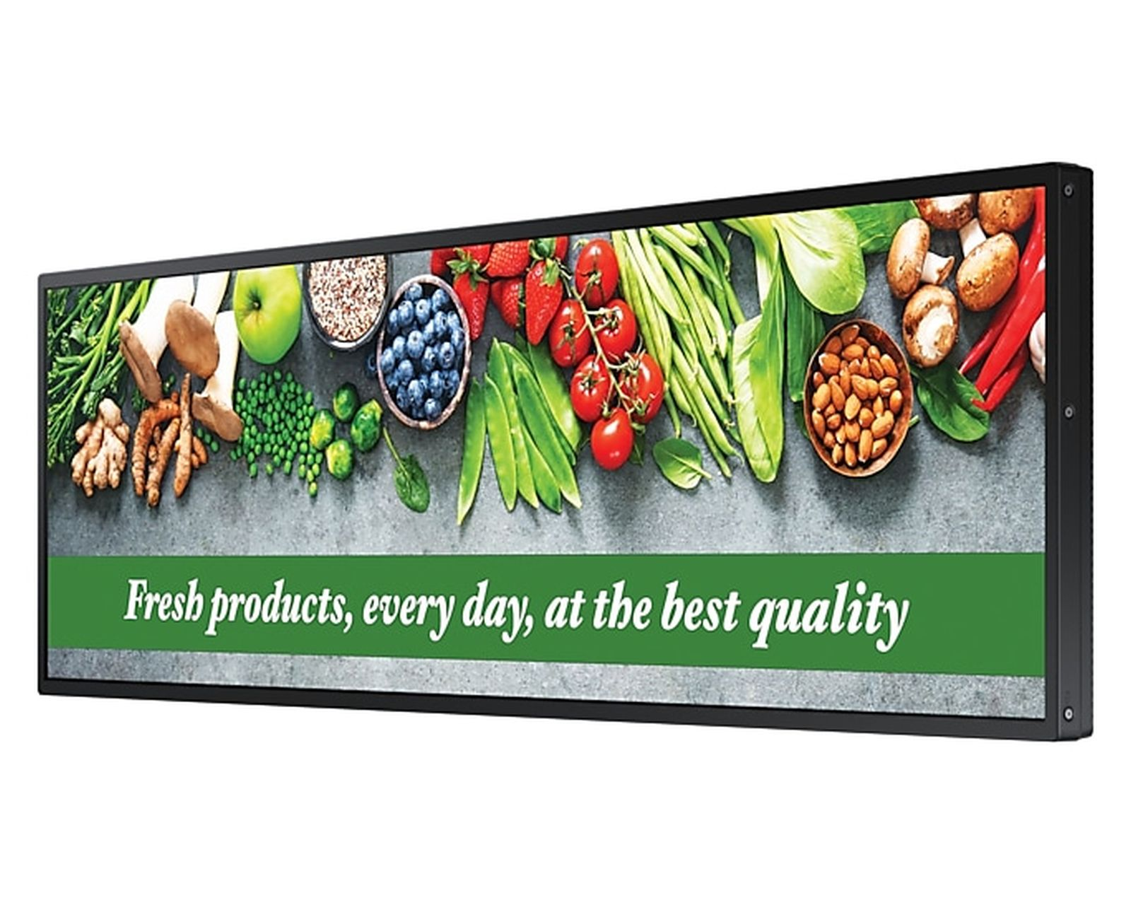 Verse producten zoals bessen, aardbeien, groenten en noten op grijze achtergrond.