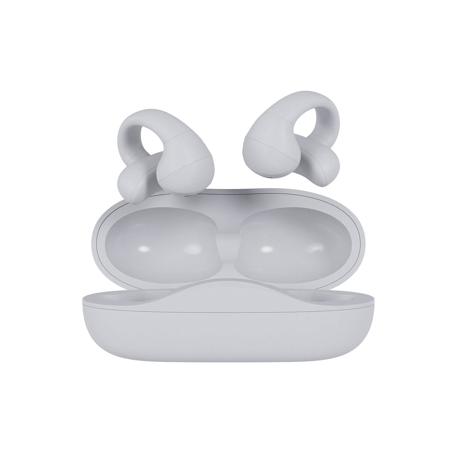 Un paio di auricolari wireless bianchi in una custodia di ricarica aperta, su bianco.