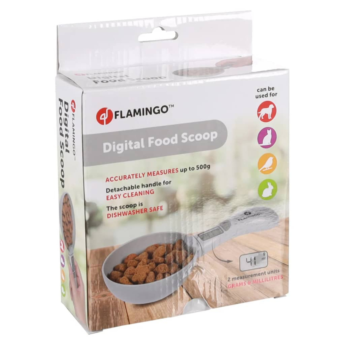 Verpackung einer digitalen Futterschaufel mit Messbecher und Futter.